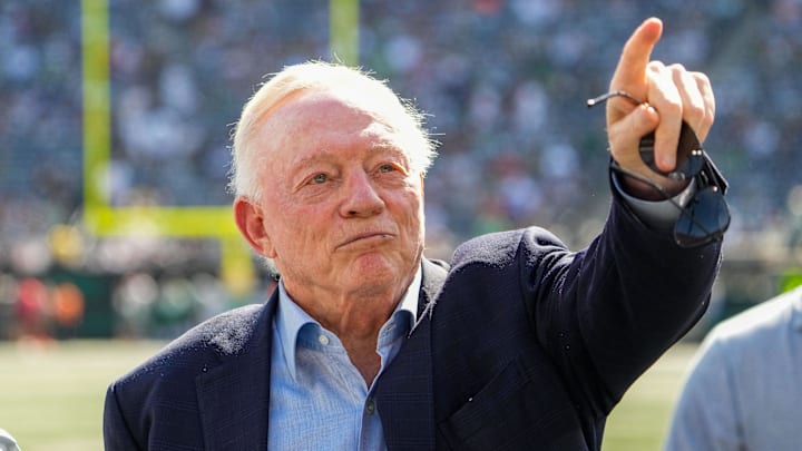 Oct 5, 2025; East Rutherford, New Jersey, USA;  Dallas Cowboys Owner, President and general manager Jerry Jones stands on the field prior to a game against the New York Jets  at MetLife Stadium. Mandatory Credit: Robert Deutsch-Imagn Images