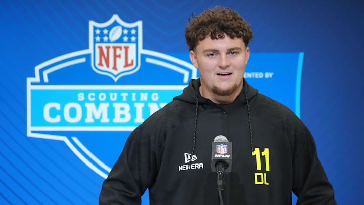 Michigan defensive lineman Mason Graham (DL11) during the 2025 NFL Scouting Combine at the Indiana Convention Center. Michigan defensive lineman Mason Graham (DL11) during the 2025 NFL Scouting Combine at the Indiana Convention Center.
