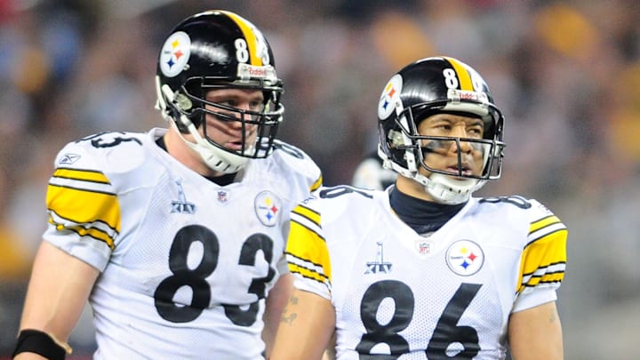 Feb 6, 2011; Arlington, TX, USA; Pittsburgh Steelers wide receiver Hines Ward (86) and tight end Heath Miller (83) during Super Bowl XLV against the Green Bay Packers at Cowboys Stadium.  Mandatory Credit: Mark J. Rebilas-Imagn Images