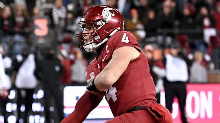 Nov 29, 2025; Pullman, Washington, USA; Washington State Cougars quarterback Zevi Eckhaus (4) celebrates a touchdown against the Oregon State Beavers in the second half at Gesa Field at Martin Stadium. Mandatory Credit: James Snook-Imagn Images