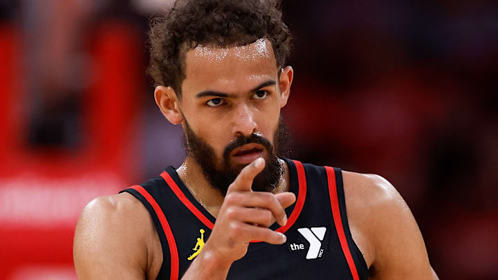 Trae Young #11 of the Atlanta Hawks  reacts against the Houston Rockets.