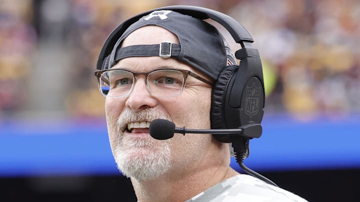 Nov 10, 2024; Landover, Maryland, USA; Washington Commanders head coach Dan Quinn looks on from the sidelines against the Pittsburgh Steelers during the second half at Northwest Stadium. Mandatory Credit: Amber Searls-Imagn Images