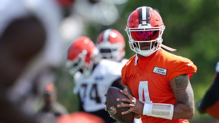 Browns quarterback Deshaun Watson looks to throw a pass during minicamp, Tuesday, June 11, 2024, in Berea.