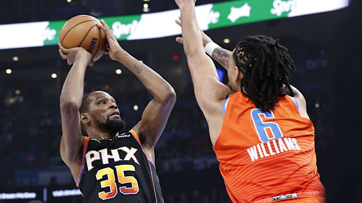 Mar 29, 2024; Oklahoma City, Oklahoma, USA; Phoenix Suns forward Kevin Durant (35) shoots as Mar 29, 2024; Oklahoma City, Oklahoma, USA; Phoenix Suns forward Kevin Durant (35) shoots as
