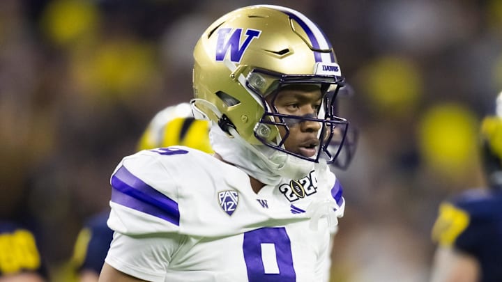 Jan 8, 2024; Houston, TX, USA; Washington Huskies cornerback Thaddeus Dixon (9) against the Michigan Wolverines during the 2024 College Football Playoff national championship game at NRG Stadium. Mandatory Credit: Mark J. Rebilas-Imagn Images Jan 8, 2024; Houston, TX, USA; Washington Huskies cornerback Thaddeus Dixon (9) against the Michigan Wolverines during the 2024 College Football Playoff national championship game at NRG Stadium. Mandatory Credit: Mark J. Rebilas-Imagn Images