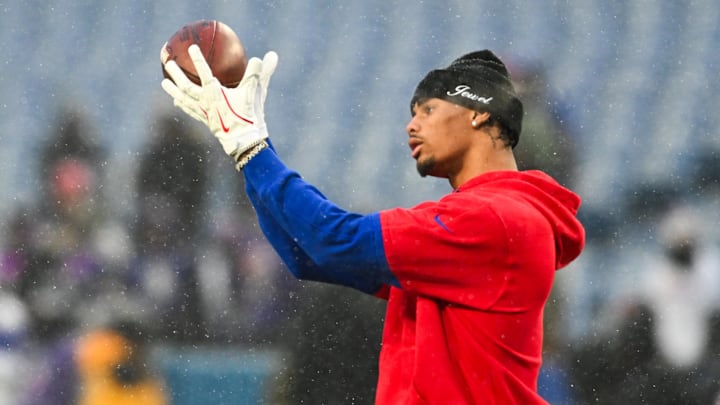 Buffalo Bills wide receiver Keon Coleman warms up before the game against the Baltimore Ravens in a 2025 AFC divisional round.