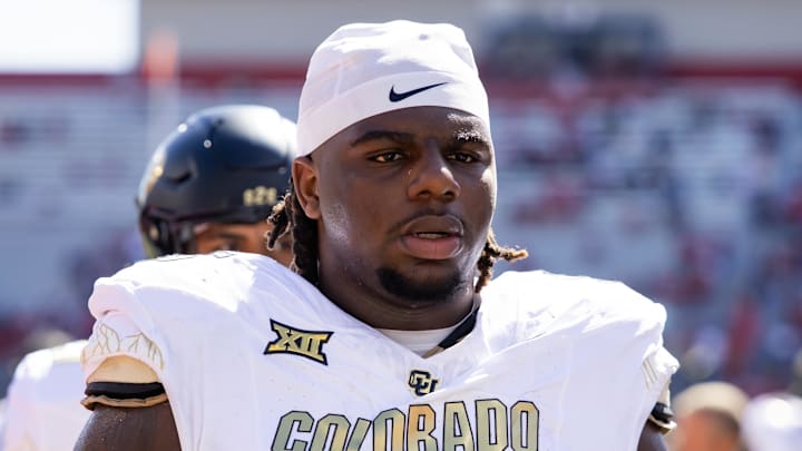 Oct 19, 2024; Tucson, Arizona, USA; Colorado Buffalos offensive tackle Kareem Harden (55) against the Arizona Wildcats at Arizona Stadium.