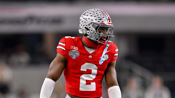 Dec 31, 2025; Arlington, TX, USA; Ohio State Buckeyes safety Caleb Downs (2) gets into position during the 2025 Cotton Bowl and quarterfinal game of the College Football Playoff at AT&T Stadium. Mandatory Credit: Jerome Miron-Imagn Images