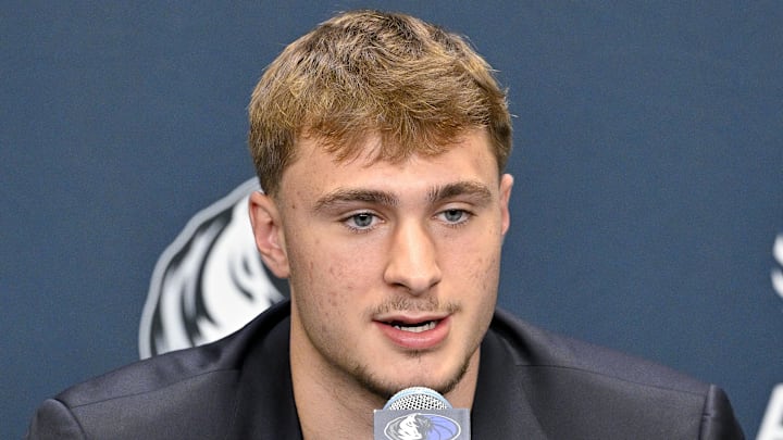 Jun 27, 2025; Dallas, TX, USA; Dallas Mavericks first overall pick Cooper Flagg speaks to the media during a press conference at the Dallas Mavericks Practice Facility. Mandatory Credit: Jerome Miron-Imagn Images