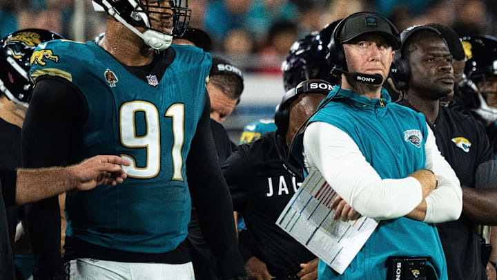 Jacksonville Jaguars head coach Liam Coen waits for a replay ruling during a Monday Night NFL football game at EverBank Stadium, Monday, Oct. 6, 2025, in Jacksonville, Fla. [Doug EngleFlorida Times-Union]