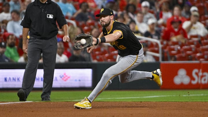 Sep 17, 2024; St. Louis, Missouri, USA;  Pittsburgh Pirates third baseman Jared Triolo (19) fields a ground ball against the St. Louis Cardinals during the fourth inning at Busch Stadium. Mandatory Credit: Jeff Curry-Imagn Images