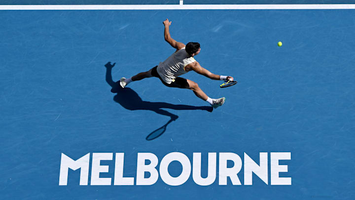 Carlos Alcaraz competes in the 2024 Australian Open.
