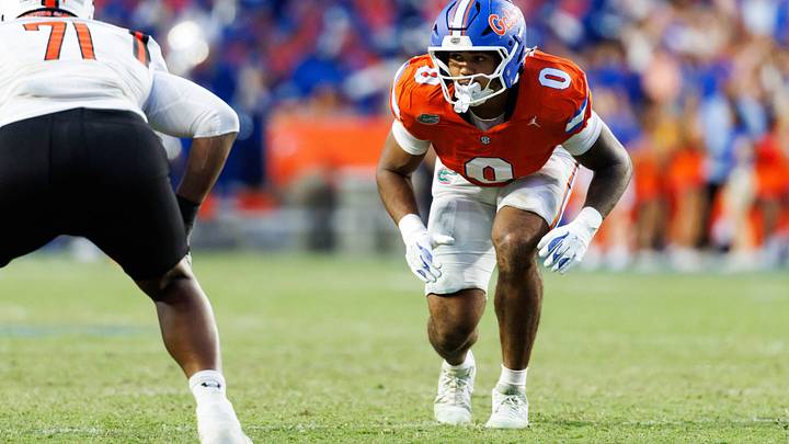 Sep 12, 2026; Gainesville, Florida, USA; Florida Gators jack Jayden Woods (0) waits for the snap against the Campbell Fighting Camels during the second half at Ben Hill Griffin Stadium. Mandatory Credit: Matt Pendleton-Imagn Images