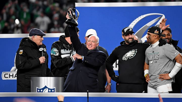 Jan 26, 2025; Philadelphia, PA, USA; Philadelphia Eagles owner Jeffrey Lurie celebrates after winning the NFC Championship game against the Washington Commanders at Lincoln Financial Field. Mandatory Credit: Eric Hartline-Imagn Images