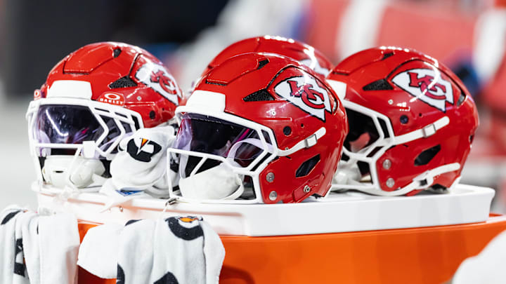 Aug 9, 2025; Glendale, Arizona, USA; Detailed view of a Kansas City Chiefs helmet during a preseason NFL game at State Farm Stadium. Mandatory Credit: Mark J. Rebilas-Imagn Images