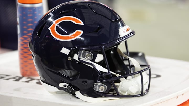 Nov 3, 2024; Glendale, Arizona, USA; Detailed view of a Chicago Bears helmet at State Farm Stadium. Mandatory Credit: Mark J. Rebilas-Imagn Images