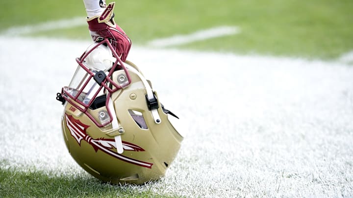 Apr 20, 2024; Tallahassee, Florida, USA; Florida State Seminoles helmet during the Spring Showcase at Doak S. Campbell Stadium. Mandatory Credit: Melina Myers-Imagn Images