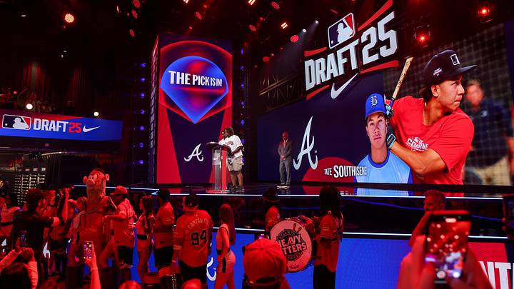 Jul 13, 2025; Atlanta, GA, USA; Tate Southisene is drafted by the Atlanta Braves with the 22nd pick during the first round of the MLB Draft at The Coca-Cola Roxy. Mandatory Credit: Brett Davis-Imagn Images
