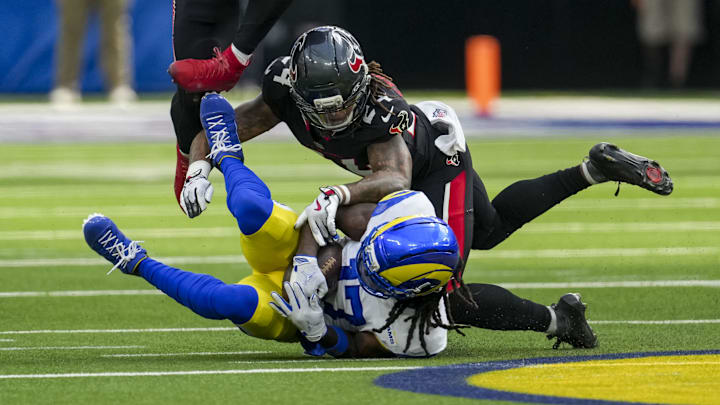 Sep 7, 2025; Inglewood, California, USA; Houston Texans cornerback Derek Stingley Jr. (24) tackles Los Angeles Rams wide receiver Davante Adams (17) during the third quarter at SoFi Stadium. Mandatory Credit: Kirby Lee-Imagn Images Sep 7, 2025; Inglewood, California, USA; Houston Texans cornerback Derek Stingley Jr. (24) tackles Los Angeles Rams wide receiver Davante Adams (17) during the third quarter at SoFi Stadium. Mandatory Credit: Kirby Lee-Imagn Images