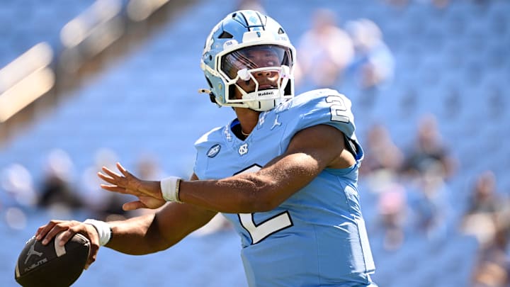Sep 13, 2025; Chapel Hill, North Carolina, USA; North Carolina Tar Heels quarterback Bryce Baker (2) passes before the game at Kenan Stadium. Mandatory Credit: Bob Donnan-Imagn Images Sep 13, 2025; Chapel Hill, North Carolina, USA; North Carolina Tar Heels quarterback Bryce Baker (2) passes before the game at Kenan Stadium. Mandatory Credit: Bob Donnan-Imagn Images