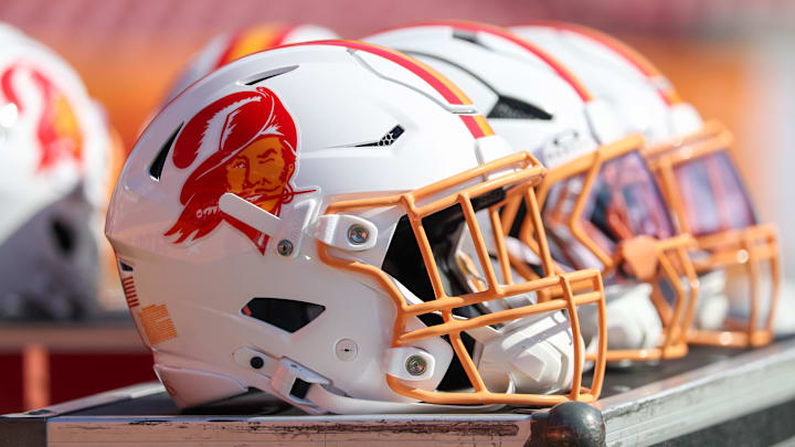 Sep 21, 2025; Tampa, Florida, USA; Tampa Bay Buccaneers helmets Mandatory Credit: Nathan Ray Seebeck-Imagn Images Sep 21, 2025; Tampa, Florida, USA; Tampa Bay Buccaneers helmets Mandatory Credit: Nathan Ray Seebeck-Imagn Images