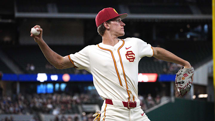 Mar 2, 2024; Arlington, TX, USA; Texas A&M Aggies compete against University of Southern California Trojans during the Kubota College Baseball Series - Weekend 3 at Globe Life Field. Mandatory Credit: Dustin Safranek-Imagn Images