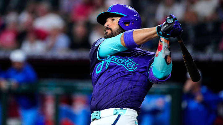Arizona Diamondbacks infielder Eugenio Suarez hits a single during a game against the Kansas City Royals on July 5 at Chase Field.