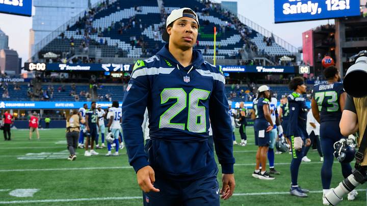 Seattle Seahawks running back Zach Charbonnet (26) after the game against the Dallas Cowboys at Lumen Field. Seattle Seahawks running back Zach Charbonnet (26) after the game against the Dallas Cowboys at Lumen Field.