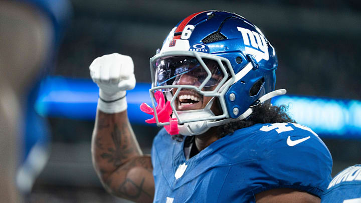 New York Giants linebacker Zaire Barnes celebrates during a Thursday Night Football game between the New York Giants and the Philadelphia Eagles at MetLife Stadium in East Rutherford on Oct. 9, 2025.
