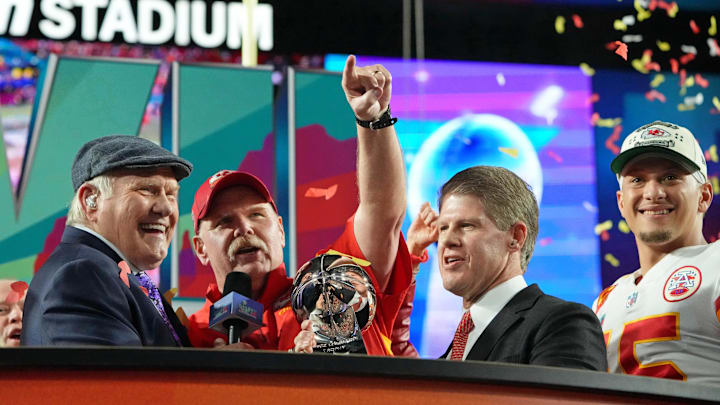 Feb 12, 2023; Glendale, Arizona, US; FOX Sports personality Terry Bradshaw interviews Kansas City