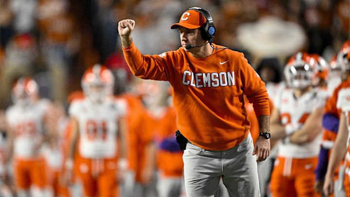 Dec 21, 2024; Austin, Texas, USA; Clemson Tigers head coach Dabo Swinney motions to his team during the second half of the game against the Texas Longhorns in the CFP National Playoff first round game at Darrell K Royal-Texas Memorial Stadium.