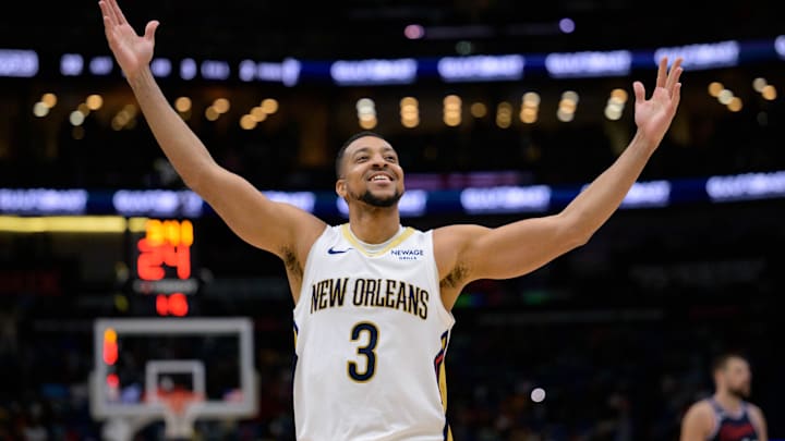 Mar 11, 2025; New Orleans, Louisiana, USA; New Orleans Pelicans guard CJ McCollum (3) reacts after a three-point basket against the Los Angeles Clippers during the fourth quarter at Smoothie King Center. Mandatory Credit: Matthew Hinton-Imagn Images