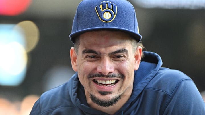 Sep 29, 2024; Milwaukee, Wisconsin, USA; Milwaukee Brewers shortstop Willy Adames (27) in the dug out against the New York Mets in the eighth inning at American Family Field. 