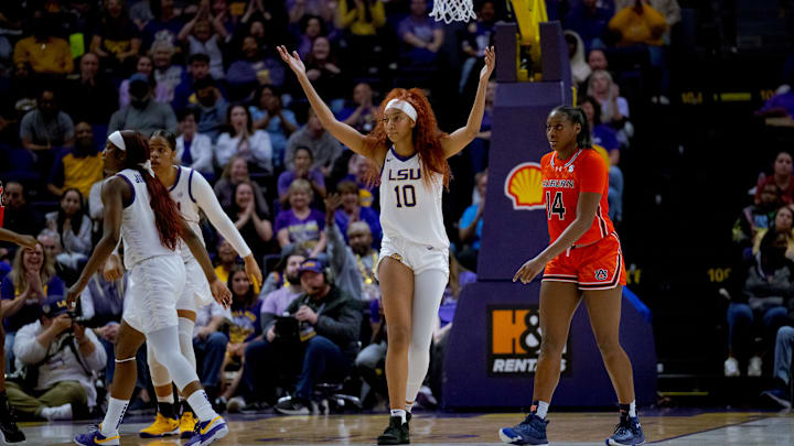 Feb 22, 2024; Baton Rouge, Louisiana, USA; LSU Lady Tigers forward Angel Reese (10) pumps the crowd.