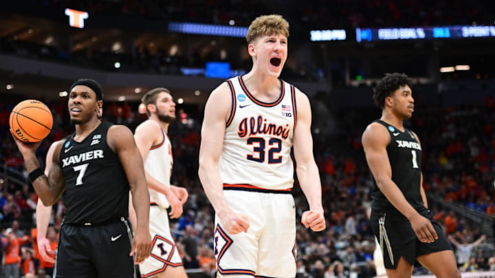 Mar 21, 2025; Milwaukee, WI, USA: Illinois Fighting Illini guard Kasparas Jakucionis (32) reacts during the second half against the Xavier Musketeers at Fiserv Forum. Mandatory Credit: Benny Sieu-Imagn Images
