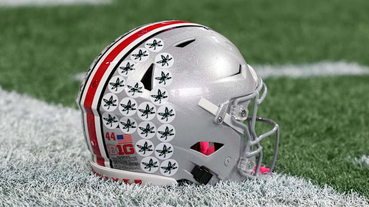 Jan 18, 2025; Atlanta, GA, USA; A Ohio State Buckeyes helmet on the field during practice at Mercedes-Benz Stadium. Mandatory Credit: Kirby Lee-Imagn Images