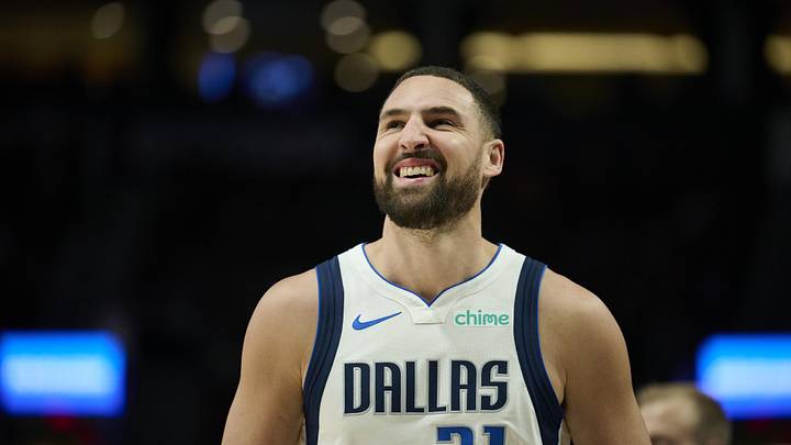 Mar 27, 2026; Portland, Oregon, USA; Dallas Mavericks guard Klay Thompson (31) looks on during the second half against the Portland Trail Blazers at Moda Center. Mandatory Credit: Troy Wayrynen-Imagn Images