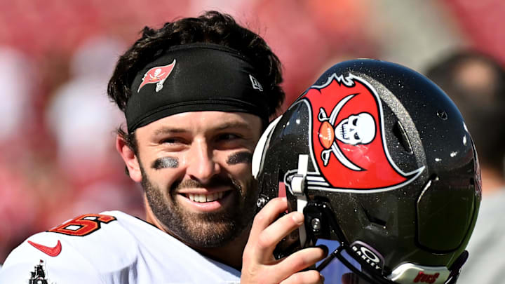 Oct 12, 2025; Tampa, Florida, USA; Tampa Bay Buccaneers quarterback Baker Mayfield (6) warms up before a game against the San Francisco 49ers at Raymond James Stadium. Mandatory Credit: Jonathan Dyer-Imagn Images