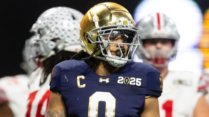 Jan 20, 2025; Atlanta, GA, USA; Notre Dame Fighting Irish safety Xavier Watts (0) against the Ohio State Buckeyes during the CFP National Championship college football game at Mercedes-Benz Stadium. Mandatory Credit: Mark J. Rebilas-Imagn Images