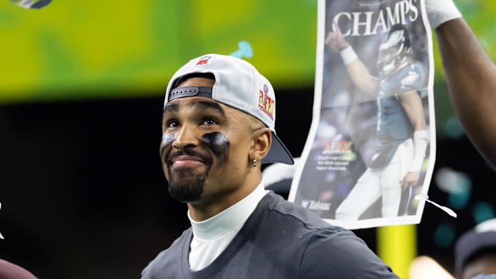 Feb 9, 2025; New Orleans, LA, USA; Philadelphia Eagles quarterback Jalen Hurts (1) celebrates after defeating the Kansas City Chiefs during Super Bowl LIX at Ceasars Superdome. Feb 9, 2025; New Orleans, LA, USA; Philadelphia Eagles quarterback Jalen Hurts (1) celebrates after defeating the Kansas City Chiefs during Super Bowl LIX at Ceasars Superdome.