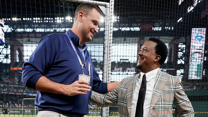 Texas Rangers General Manager Chris Young talks with former Major league pitcher Pedro Martinez. Texas Rangers General Manager Chris Young talks with former Major league pitcher Pedro Martinez.