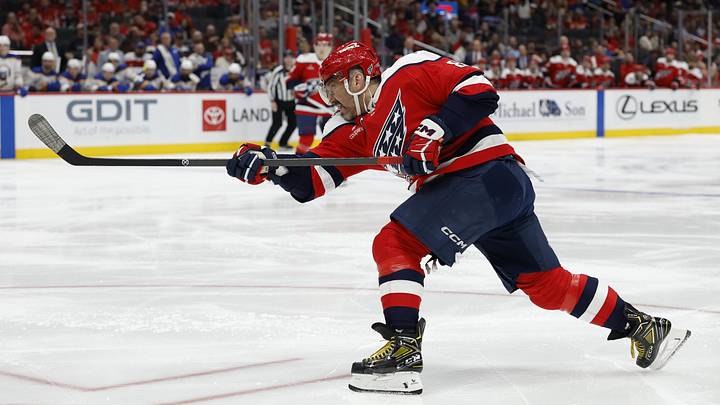 Apr 4, 2026; Washington, District of Columbia, USA; Washington Capitals left wing Alex Ovechkin (8) shoots the puck against the Buffalo Sabres during the third period at Capital One Arena. Mandatory Credit: Geoff Burke-Imagn Images Apr 4, 2026; Washington, District of Columbia, USA; Washington Capitals left wing Alex Ovechkin (8) shoots the puck against the Buffalo Sabres during the third period at Capital One Arena. Mandatory Credit: Geoff Burke-Imagn Images