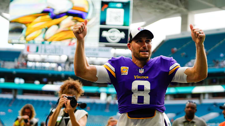 Oct 16, 2022; Miami Gardens, Florida, USA; Minnesota Vikings quarterback Kirk Cousins (8) walks off