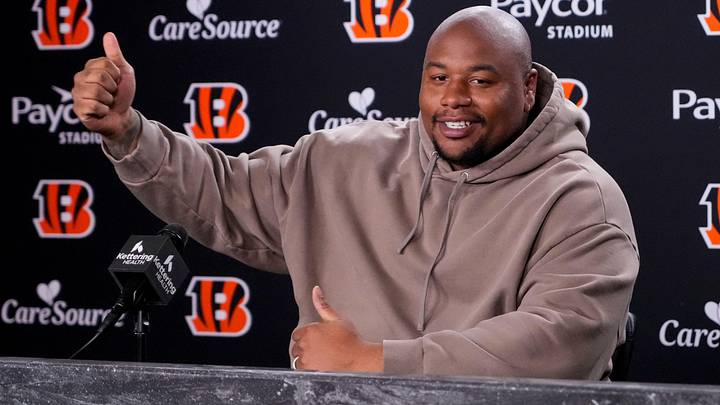 Newly signed Cincinnati Bengals defense tackle Dexter Lawrence speaks in a press conference for the first time since joining the team at Paycor Stadium in Cincinnati on Monday, April 20, 2026.