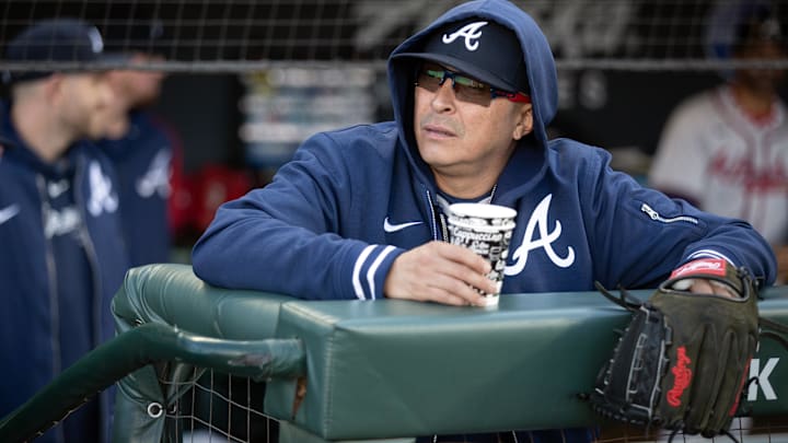 Atlanta Braves pitcher Jesse Chavez awaits the start of a game against the San Francisco Giants at Oracle Park.