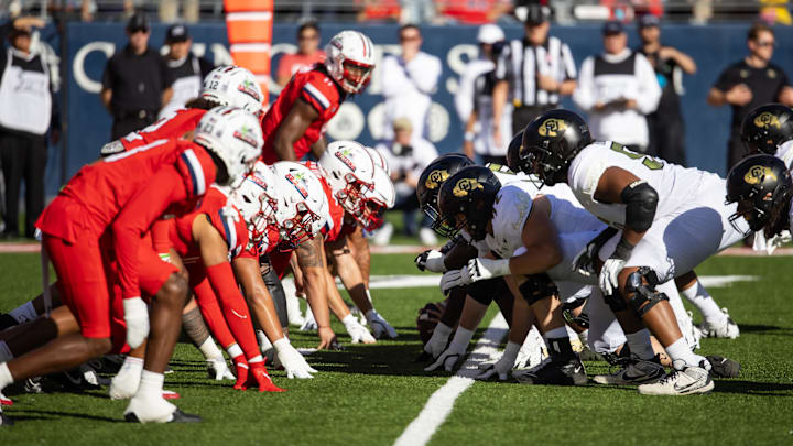 Oct 19, 2024; Tucson, Arizona, USA; General view down the line of scrimmage as the Colorado Buffalos prepare to snap the ball against the Arizona Wildcats at Arizona Stadium. Mandatory Credit: Mark J. Rebilas-Imagn Images Oct 19, 2024; Tucson, Arizona, USA; General view down the line of scrimmage as the Colorado Buffalos prepare to snap the ball against the Arizona Wildcats at Arizona Stadium. Mandatory Credit: Mark J. Rebilas-Imagn Images