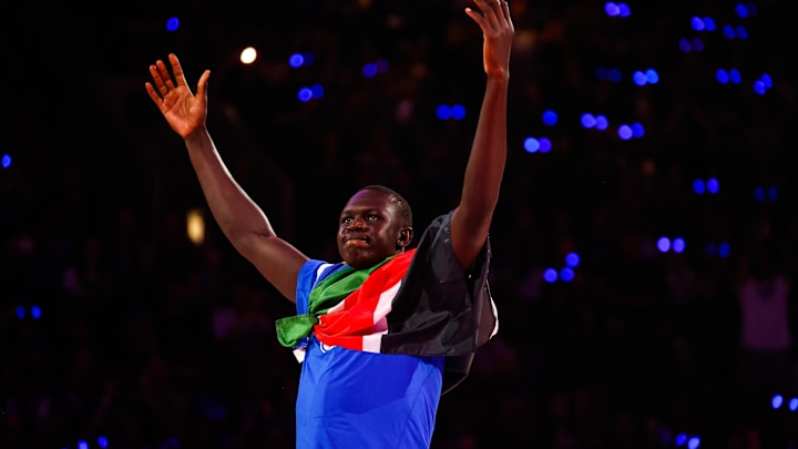 Oct 4, 2024; Durham, NC, USA; Duke Blue Devils center Khaman Maluach (9) is introduced to the fans during Countdown to Craziness at Cameron Indoor Stadium. Mandatory Credit: Jaylynn Nash-Imagn Images