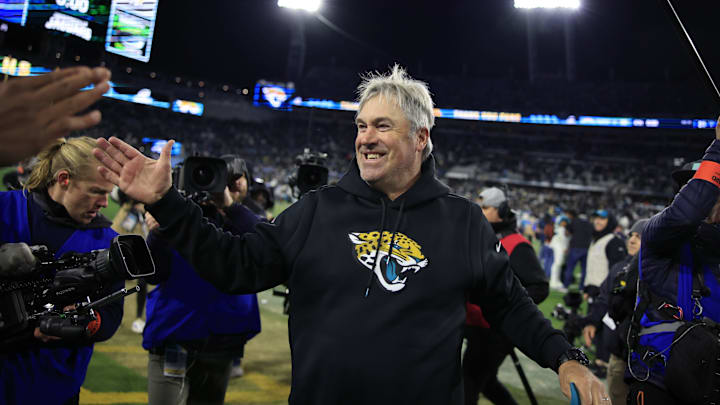 Jacksonville Jaguars head coach Doug Pederson elates after the game of an NFL first round playoff football matchup Saturday, Jan. 14, 2023 at TIAA Bank Field in Jacksonville, Fla. Jacksonville Jaguars edged the Los Angeles Chargers on a field goal 31-30. [Corey Perrine/Florida Times-Union]

Jki 011423 Chargers Jags C 32