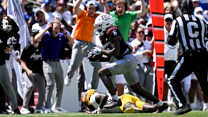 Sep 12, 2026; College Station, Texas, USA; Texas A&M Aggies cornerback Julio Humphrey (6) catches a pass for an interception during the fourth quarter against Arizona State Sun Devils at Kyle Field. Mandatory Credit: Maria Lysaker-Imagn Images Sep 12, 2026; College Station, Texas, USA; Texas A&M Aggies cornerback Julio Humphrey (6) catches a pass for an interception during the fourth quarter against Arizona State Sun Devils at Kyle Field. Mandatory Credit: Maria Lysaker-Imagn Images