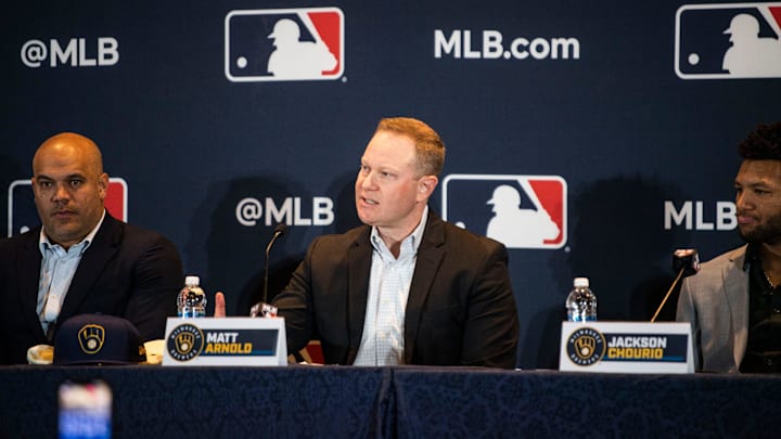 Senior Vice President and General Manager Matt Arnold talks about Jackson Chourio a press conference at the 2023 Baseball Winter Meetings at the Gaylord Opryland Resort & Convention Center in Nashville, Tenn., Monday, Dec. 4, 2023. Senior Vice President and General Manager Matt Arnold talks about Jackson Chourio a press conference at the 2023 Baseball Winter Meetings at the Gaylord Opryland Resort & Convention Center in Nashville, Tenn., Monday, Dec. 4, 2023.